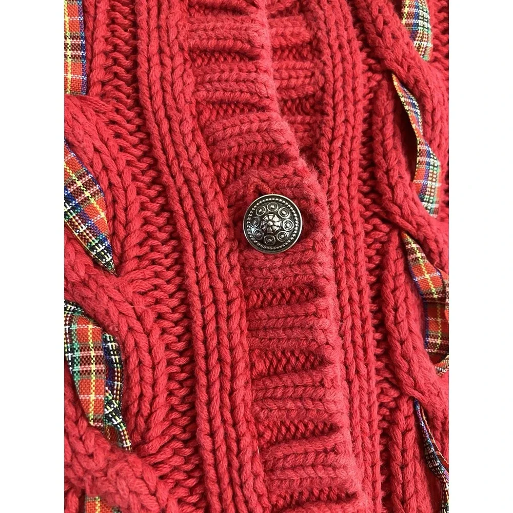 Vintage GAP Sweater Girls XS Red Cable‎ Knit Plaid Ribbon Cardigan 90s